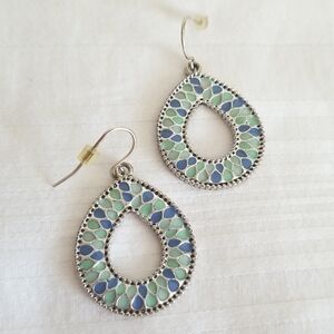 Silver Blue Green Inlay Tear Drop Earrings